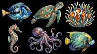 Colorful marine life collection featuring tropical fish, sea turtle, seahorse, octopus, and anemone. Isolated on transparent background, ready for t-shirts, clipart, stickers, sublimation, and print-on-demand designs.