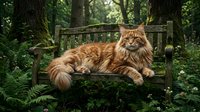 Fluffy ginger tabby cat with long fur relaxing on wooden bench in lush green forest surrounded by ferns and trees, perfect for pet and nature content.