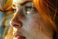 Close-up portrait of young woman with ginger hair, freckles, and blue eyes in warm golden sunlight, capturing natural beauty and emotion.