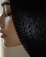 Close-up profile of Asian woman with long straight black hair, closed eyes and flawless skin against light background, showing natural beauty and serenity.