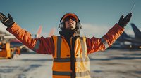 Airport ground crew worker in safety vest celebrating with arms raised during winter operations at commercial aviation facility.