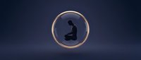 Silhouette of a woman in kneeling position inside glowing circular neon ring on dark blue background, representing meditation, mindfulness, spirituality, and inner peace for wellness and mental health concepts.