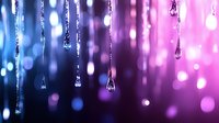 Crystal droplets hanging on chains with purple and blue bokeh lights creating magical atmosphere for luxury jewelry and fashion backgrounds.
