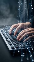 Hands typing on laptop keyboard with digital data streams and glowing particles for technology and cybersecurity concepts.