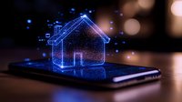 Glowing holographic house emerging from smartphone screen with blue light particles, digital real estate concept on dark background with bokeh effect.
