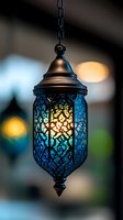 Ornate Moroccan lantern with blue stained glass and intricate pattern hanging on chain, glowing warmly against blurred background.