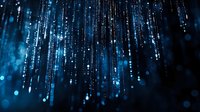 Glowing blue light streams falling against dark background create magical atmosphere with bokeh effect and sparkles for technology or celebration designs.
