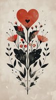 Red heart blooming from floral arrangement with black leaves and coral flowers on textured beige background, folk art style botanical illustration for valentines.