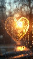 Golden heart drawn on rainy window glass with warm bokeh lights creating romantic atmosphere for love and relationship concepts.