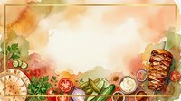 Middle Eastern cuisine frame with grilled meat, fresh vegetables, herbs and traditional dishes on warm textured background for restaurant menu design.