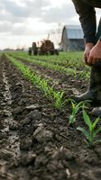 Farmer working in field with young green crop seedlings growing in rows, agricultural cultivation and sustainable farming practices with farm buildings.