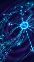Digital network connections with glowing blue nodes and data pathways on dark purple background for technology and communication concepts.