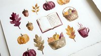 Watercolor autumn elements collection with pumpkins, leaves, acorns, cozy mug and open book for seasonal design projects and fall decorations.