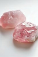 Raw rose quartz crystals on white background, showing natural pink mineral formation with translucent surfaces and rough crystalline structure. Suitable for wellness and jewelry design.