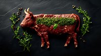 Creative raw beef steak arranged in cow silhouette shape with fresh thyme herbs on dark slate background for culinary and cooking concepts.