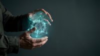 Hands holding glowing digital network sphere with connected lines, representing technology, data connectivity, and innovation concepts for business and digital transformation.