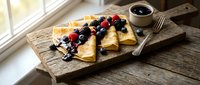 Delicious homemade crepes filled with fresh berries and chocolate sauce on rustic wooden board, morning breakfast concept for cafes and restaurants.