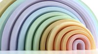 Colorful pastel rainbow arch toy made of wooden segments in soft colors for children's play, education, and nursery decoration.
