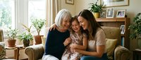 Three generations of women bonding together on cozy living room sofa, grandmother with white hair embracing mother and young daughter in warm family moment.