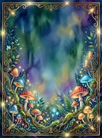 Enchanted forest scene with glowing mushrooms, magical lights, and ornate gold frame border with mystical watercolor background for fantasy artwork and design projects.