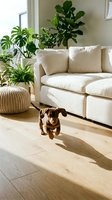 Cute dachshund puppy playing in modern living room with houseplants, cream sofa and natural light streaming through windows creating cozy home atmosphere.