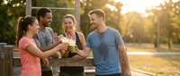 Four diverse friends in sportswear toasting with green smoothies outdoors after workout, laughing together in sunny park at golden hour.