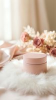 Pink cosmetic jar on white fur with roses and gift box in soft romantic setting for skincare beauty products and spa treatments.