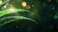 Glowing green grass blades covered in morning dew drops against dark background with magical bokeh lights and sparkles, creating dreamy natural macro photography effect.