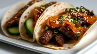 Asian fusion tacos with glazed pork belly, cucumber slices, and sesame seeds on soft corn tortillas, garnished with fresh green onions and sweet-savory sauce.