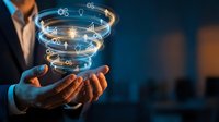 Businessman holding glowing digital spiral with network connections and data icons floating above hands in modern office environment for technology presentations.