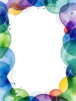 Colorful watercolor frame with flowing organic shapes in blue, green, purple and yellow tones creating elegant border for text or design projects.