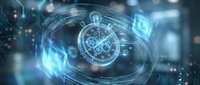 Futuristic digital stopwatch with glowing blue holographic interface and swirling energy effects for technology and time management concepts.