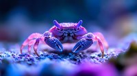 Vibrant pink crab on dark blue sand displays defensive posture with raised claws against blurred bokeh background, creating dramatic underwater macro scene.