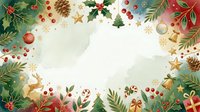 Festive holiday frame with evergreen branches, ornaments, gold stars, pinecones, berries, and wrapped gifts arranged on cream background, creating seasonal border for winter celebrations and greetings.