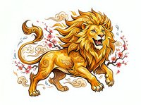 Majestic golden lion with flowing mane and ornamental swirls, roaring in dynamic pose surrounded by decorative flourishes. Isolated artwork suitable for apparel and design projects.
