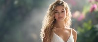 Young Caucasian woman with long wavy blonde hair wearing white lace top poses outdoors in soft natural lighting with blurred floral background creating dreamy romantic mood.