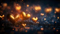 Golden heart shapes glowing against dark background with magical bokeh lights and sparkles, creating romantic atmosphere for Valentine's Day or anniversary celebration.