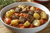Hearty beef stew with tender meat chunks, potatoes, carrots and herbs in rich brown gravy served in white bowl. Comfort food for cold weather dining.