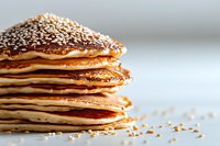 Stack of golden homemade pancakes topped with sesame seeds on light background, close up view. Fresh morning breakfast with selective focus.
