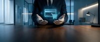 Businessman holding digital shopping cart icon on hands in modern office workspace for e-commerce and online retail business concepts.