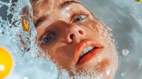 Young woman relaxing in bathtub with bubbles and rubber duck, enjoying spa treatment at home. Self-care wellness routine concept.