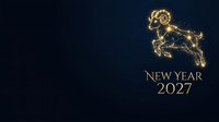 Golden ram constellation with New Year 2027 text on dark blue background, suitable for holiday greeting cards, festive invitations, and celebratory designs.
