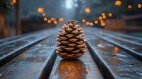 Single pine cone on wooden deck with warm bokeh lights creating cozy winter atmosphere for seasonal decorating and holiday crafts.