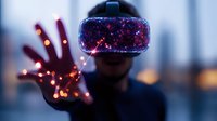 Person wearing virtual reality headset reaching out with glowing hand effect against city backdrop, purple and pink light trails create futuristic atmosphere.