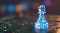 Glowing transparent chess pawn piece on computer circuit board with colorful bokeh lights representing digital strategy and artificial intelligence concepts.