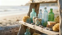 Vintage glass bottles and natural sea sponges displayed on weathered wooden shelf at beach. Coastal home decor arrangement with ocean waves in background.