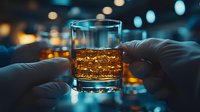 Glass of whiskey with ice cubes held up against blurred bokeh lights background, creating moody atmospheric ambiance for luxury beverage photography.