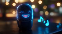 Smart speaker with glowing blue holographic happy face and floating musical notes against blurred bokeh lights background, modern AI assistant concept.