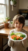 Happy young boy holding plate of fresh vegetables including carrots, broccoli and cucumber in cozy kitchen setting for healthy eating promotion.