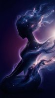 Woman silhouette with cosmic galaxy hair flowing in space with stars and nebula clouds for spiritual meditation and universe connection concepts.